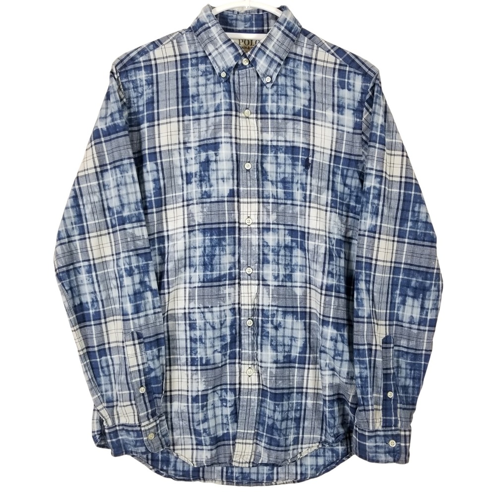 Polo Denim & Supply Ralph Lauren Mens Medium Indigo Plaid Bleached Shirt Classic